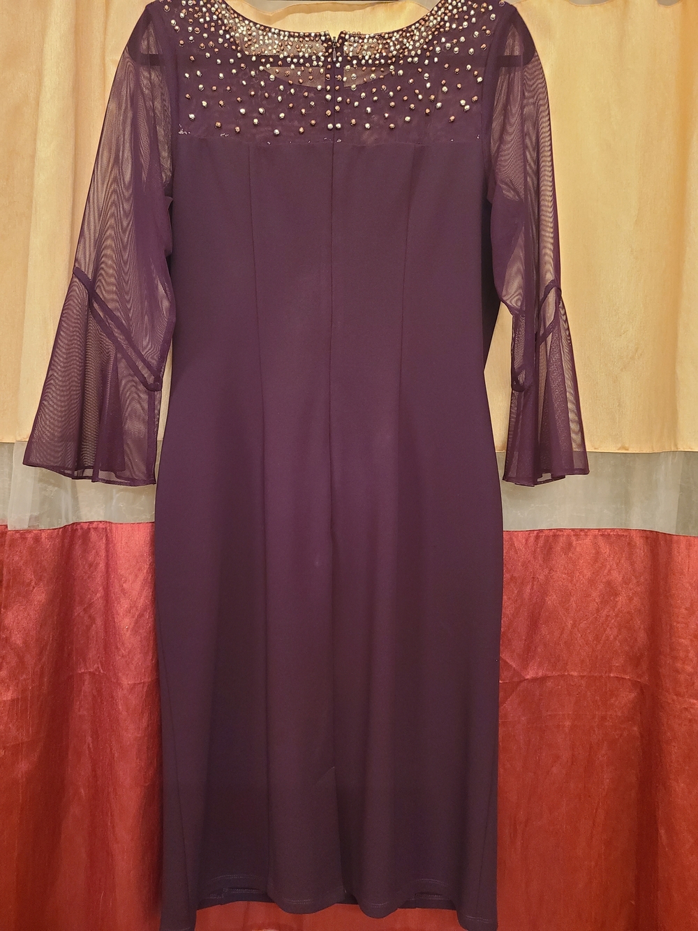 Alex Evenings Plum Beaded Illusion-Sleeve Cocktail Dress - Picture 3 of 11